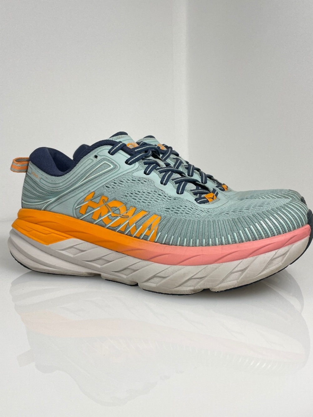 Hoka One One Bondi 7 Running Walking Shoes Blue Haze Orange Pink Women's Sz 8.5